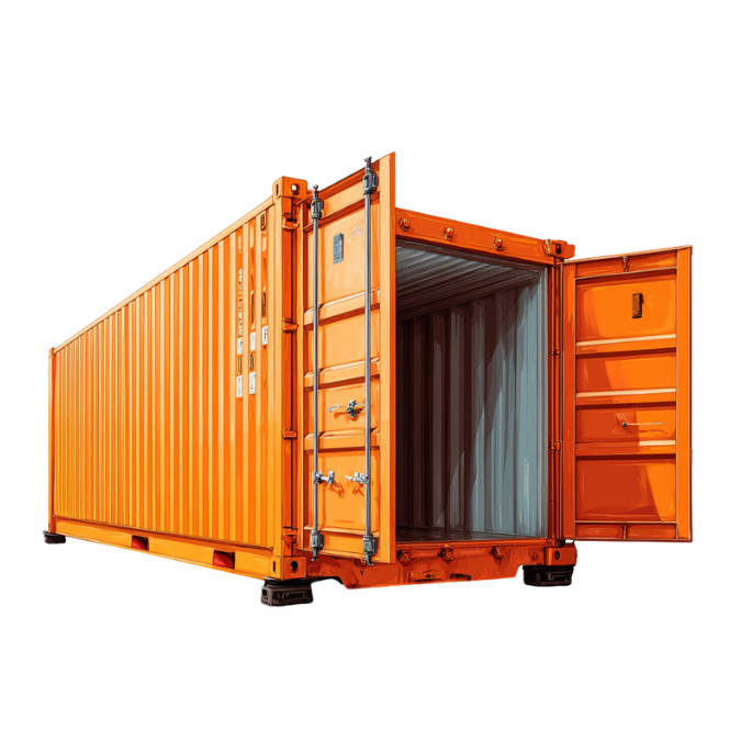 illustration of an orange shipping container with swing doors open wide